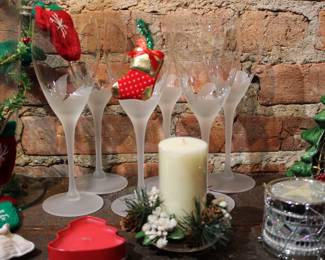 Set of six frosted Christmas wine glasses