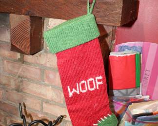 Red with green trim "Woof" Christmas stocking