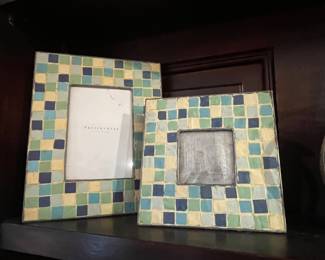 Two Pottery Barn blue green mosaic tile picture frames