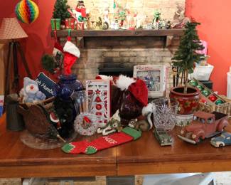 LOTS of vintage Christmas Decorations displayed on vintage Pottery Barn farm house dining table
