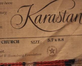 Label detail for Williamsburg Karastan Turkish Church Pattern 553 area rug, measuring 5'7" x 8'8", 100% wool pile, crafted in USA