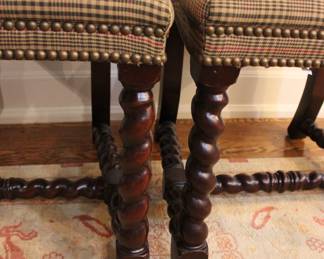 Leg detail of pair of unsigned Ralph Lauren style dining chairs with barley twist legs