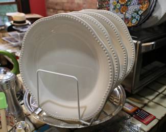 Another view of set of Pottery Barn Emma white dinner plates, Made in Portugal