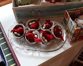 Six decorative cardinal in nest Christmas ornaments