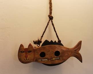 Whimsical wooden Cat Fish bird house