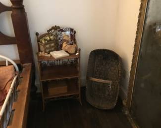 Primitive baskets and Victorian rattan shelf