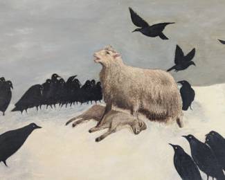 Lot 181: Painting on canvas board of sheep and birds; measures 16 " high x 20 " wide