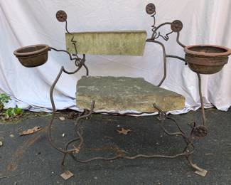 Lot 329: Artisan made concrete and iron garden bench with planters on either side; measures 33 " high x 45 " wide, please bring help to load into your vehicle