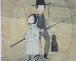 Lot 639: P Buckley Moss watercolor signed on milk can; frame measures 19 " high x 14.5 " wide