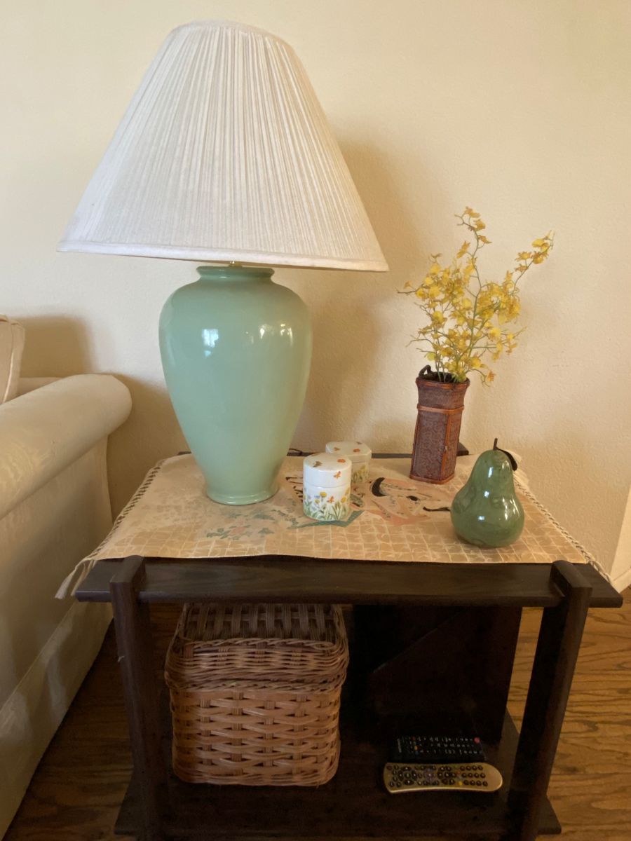End table, ceramic lamp, ceramic pear, oriental vase with mai flowers