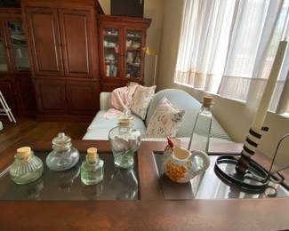 Chicken pitcher, vintage candle holder, glass bottles with corks