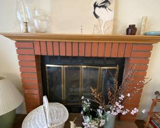 Picnic baskets, artificial flowers and vase, glass lamp, geisha portrait 