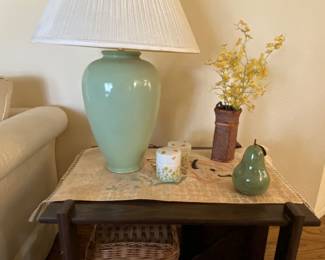 End table, ceramic lamp, ceramic pear, oriental vase with mai flowers