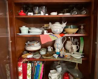 Pitcher, clay pot , tajine, butter dish, wine glasses, display case 
