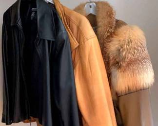 One Fur and Two Leather Jackets Ladies L and XL, Gloves and Hat