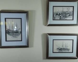 3 Set Of Framed Ship Prints Featuring The Mayflower, Gloucester, Massachusetts, U.S.S Constitution 