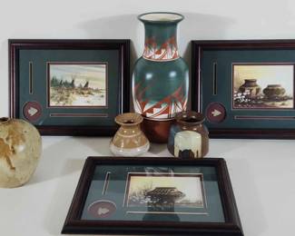 Framed Arrowhead Art Work and Handcrafted Pottery 