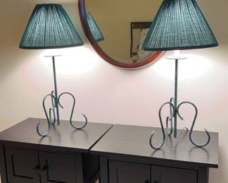 End Table Cabinet Pair With contemporary metal lamps and wood framed beveled mirror