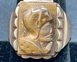 Antique 10K Carved Warrior Tiger Eye Ring