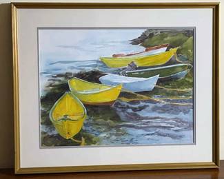 Colorful Boats In Original Watercolor Painting By Georgia Armstrong Askew