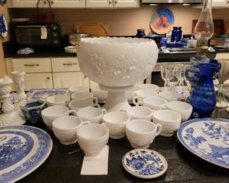 Milk glass punch bowl set