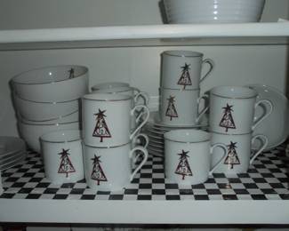 Pier 1 Christmas tree cups/saucers/bowls & desert plates