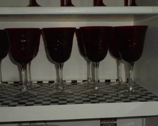 8 red goblets w/clear stems