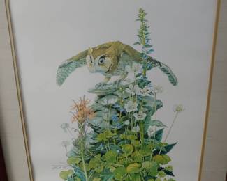 Matted/framed 'Owl on Rocks' signed & #ed. Sallie Ellington Middleton 466/1500 w/COA