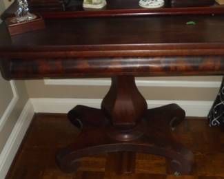 Antique 2 pc table. Bottom part 38"L x 20"W x 30" T. Top: ornate w/mirror & 2 drawers 38"L x 9"D x 38" T. Over height is 68".