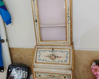 Ornate 2 pc display case & writing table w/3 drawers