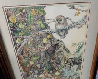 Matted/framed 'Owl on Branch' signed & #ed. Sallie Ellington Middleton 955/2500 w/COA
