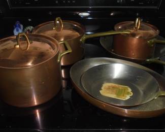 Copper 'Revere' cookware 3 skillets/3 pots all w/lids