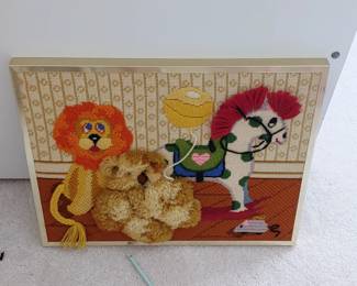 Crewel stitching framed 'Horse/Lion/Bear' picture