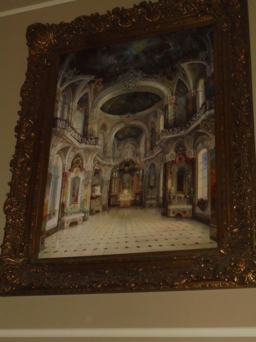 Large ornate framed picture of palace room 64"T x 30"W