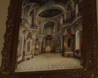 Large ornate framed picture of palace room 64"T x 30"W