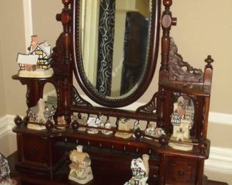 Antique 2 pc table. Bottom part 38"L x 20"W x 30" T. Top: ornate w/mirror & 2 drawers 38"L x 9"D x 38" T. Over height is 68".