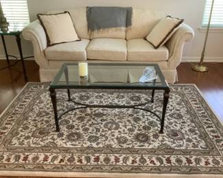 Highland house sofa presale $125. Measures 88” w x 35” d x 36” h. The coffee table is presale $125. Measures 54” l x 16” w x 20” h. Rug is $75 presale. Measures 6 x 8.5.