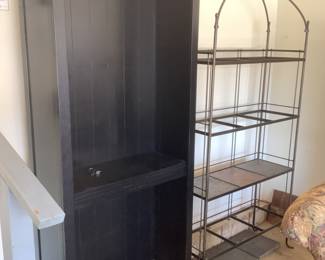 Black shelving unit with waincotting back…measures 76” h x 34” w x 14” d. Presale available. Metal bakers rack with tile shelves…presale $150