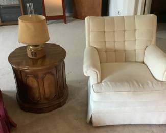 White chair measures 30” w x 39” d 33” h. Presale $65. Round end table measures 23” round x 21” h. P resale $35.