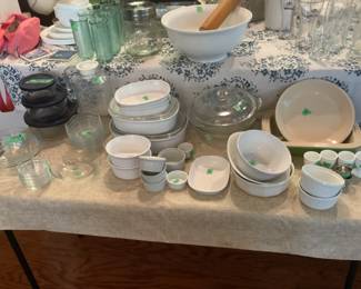 Casseroles in variety of sizes, bowls, glasses,