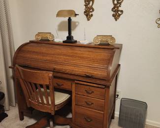 Antique Roll Top Desk and antique oak chair