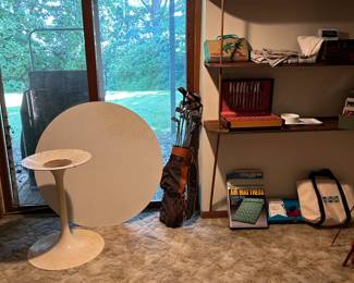 Mcm table, vintage golf, clubs and luggage