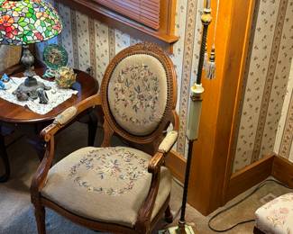 Antique needlepoint chair, slag glass / jade lamp
