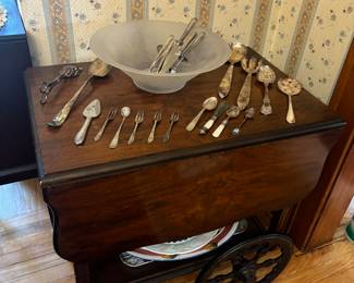 Vintage tea cart, various flatware / silverware 