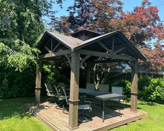 Beautiful wood look Allen Roth top of the line gazebo with Cupolla. Comes with original instructions / assembly / disassembly 