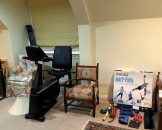 Easy chair, exercise bike, antique chair and get in shape stuff