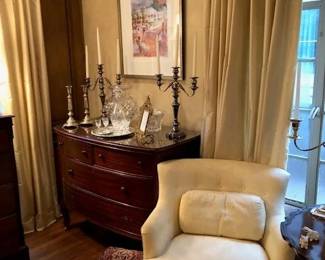 Arm chairs, English chest, Edwardian footstool.