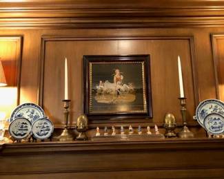Blue and white Chinese plates, 1862 needlepoint sampler.