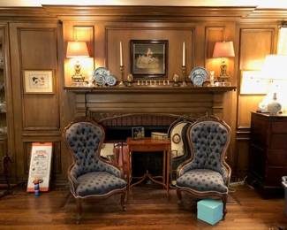 Victorian balloon back chairs, early side table. 