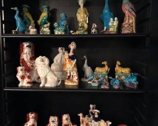 Antique Chinese mudmen, ducks, birds, Staffordshire dogs, figures.